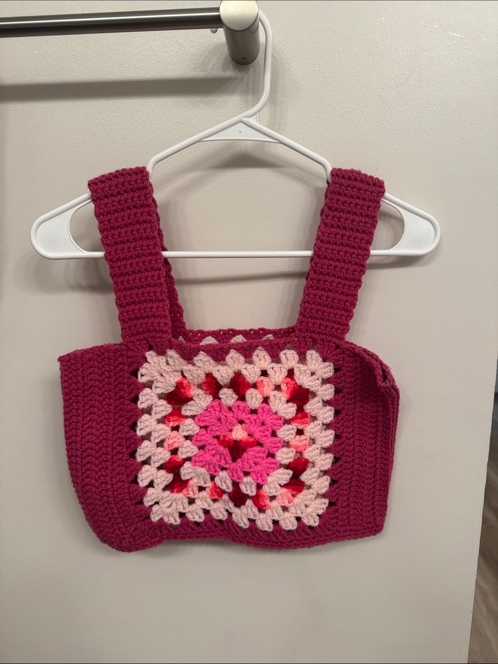 Handmade Crochet Crop Top in Deep Pink with Multi-Pink Granny Square